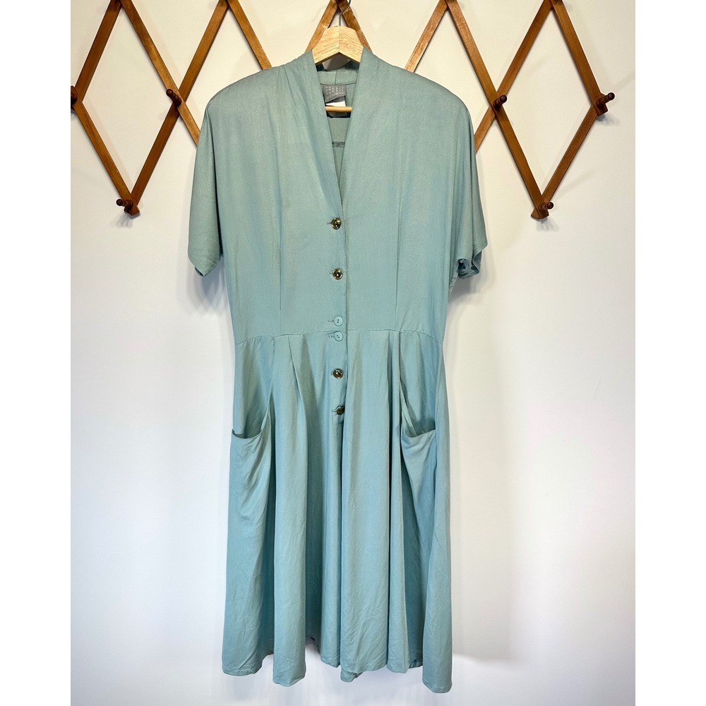 Vintage 80s 90s Rabbit Rabbit Rabbit Seafoam Green Batwing Midi Dress Pockets